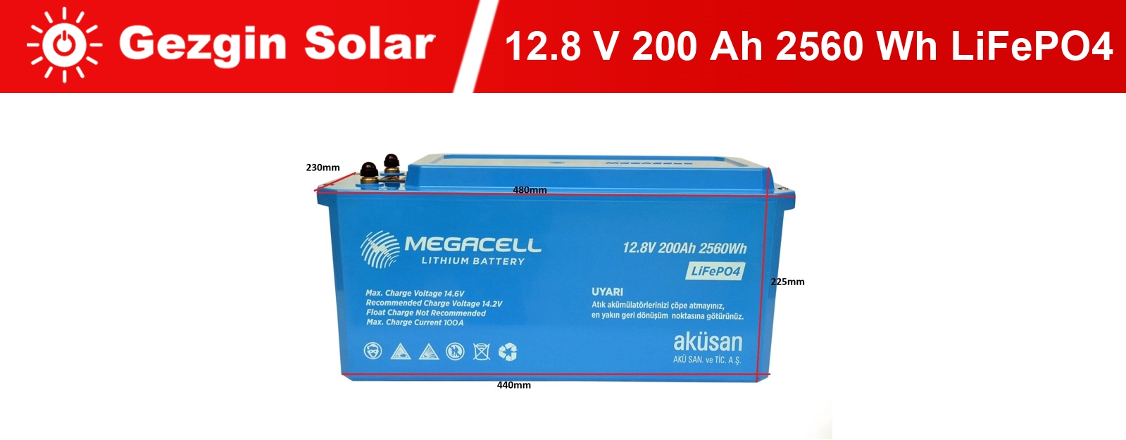 Gezgin Solar Lityum Demir Fosfat Akü 12.8 V 200 Ah LiFePO4