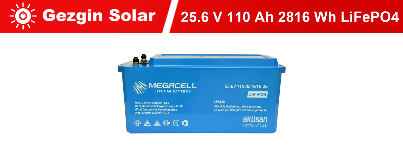 Gezgin Solar Lityum Demir Fosfat Akü 25.6 V 110 Ah LiFePO4