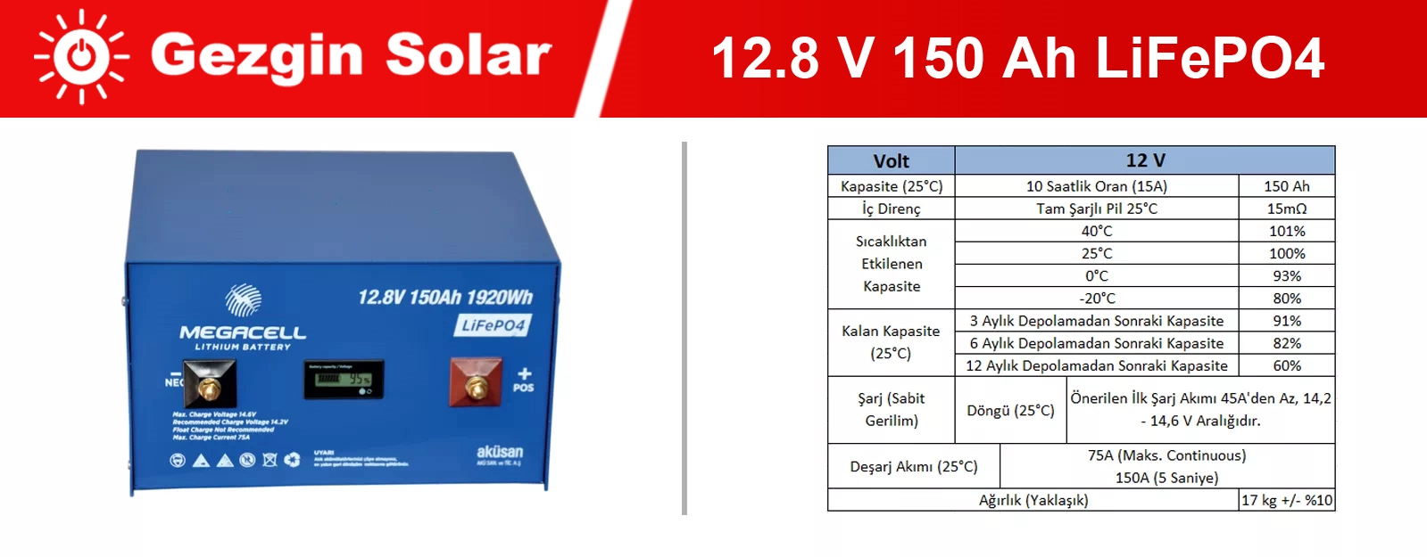 Gezgin Solar Lityum Demir Fosfat Akü 12.8 V 150 Ah LiFePO4
