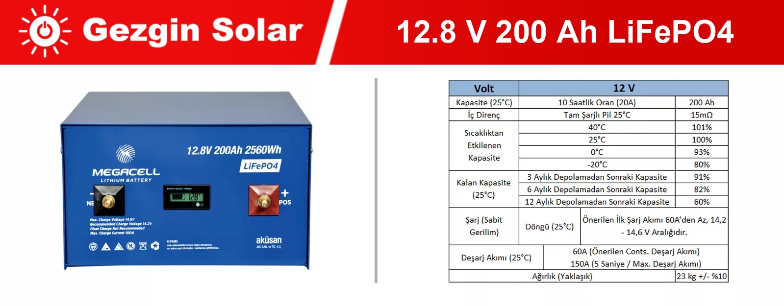 Gezgin Solar Lityum Demir Fosfat Akü 12.8 V 200 Ah LiFePO4