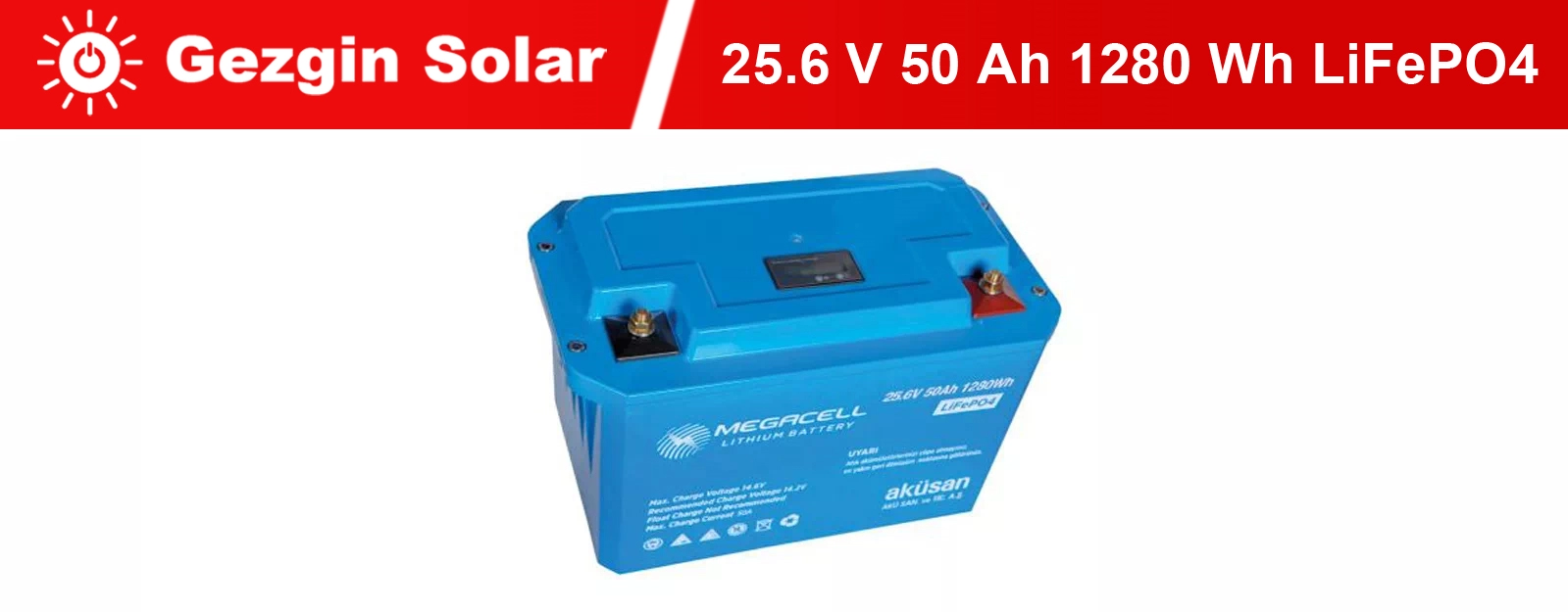 Gezgin Solar Lityum Demir Fosfat Akü 25.6 V 50 Ah LiFePO4