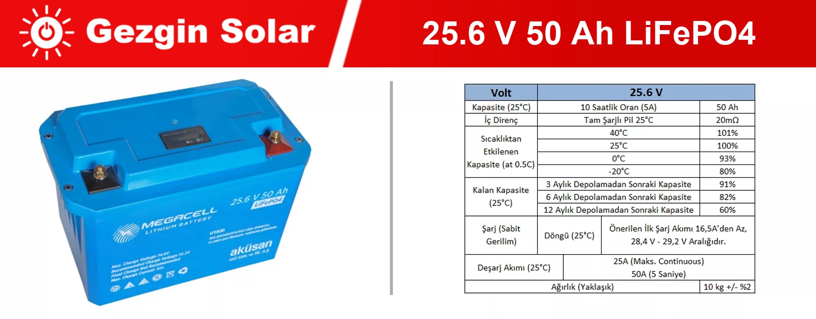 Gezgin Solar Lityum Demir Fosfat Akü 25.6 V 50 Ah LiFePO4