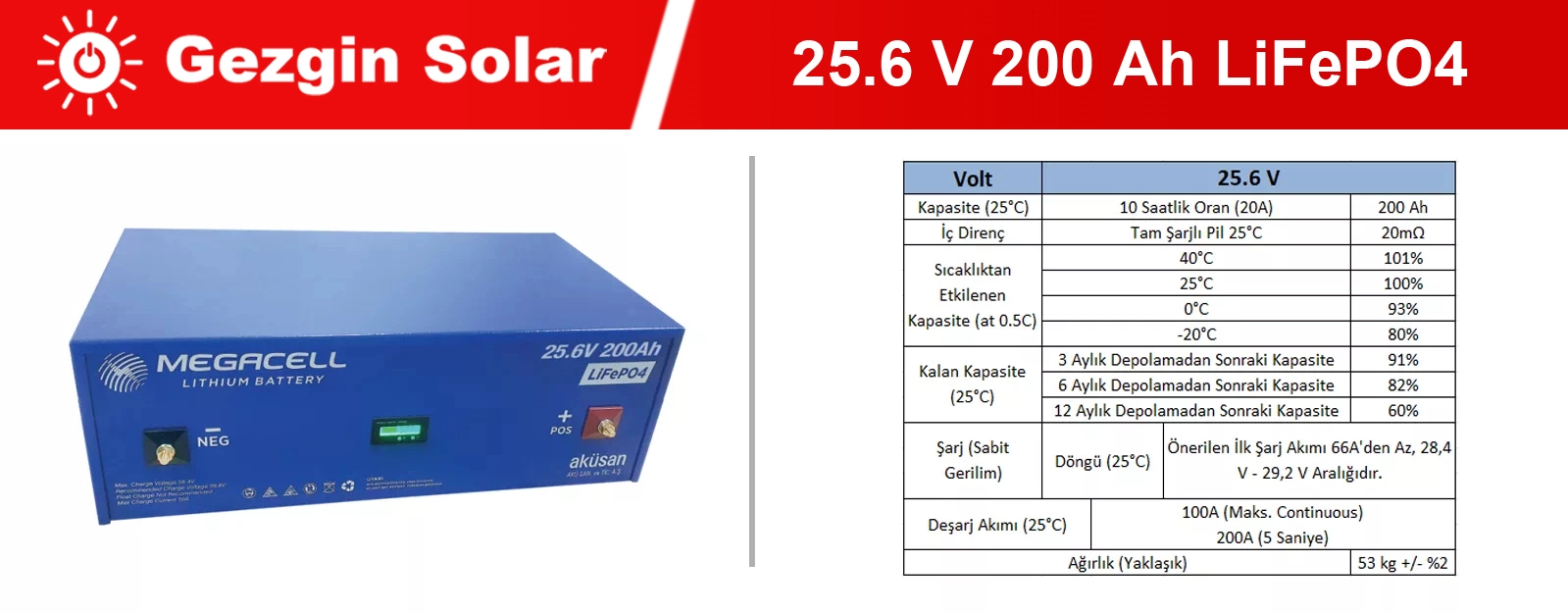 Gezgin Solar Lityum Demir Fosfat Akü 25.6 V 200 Ah LiFePO4