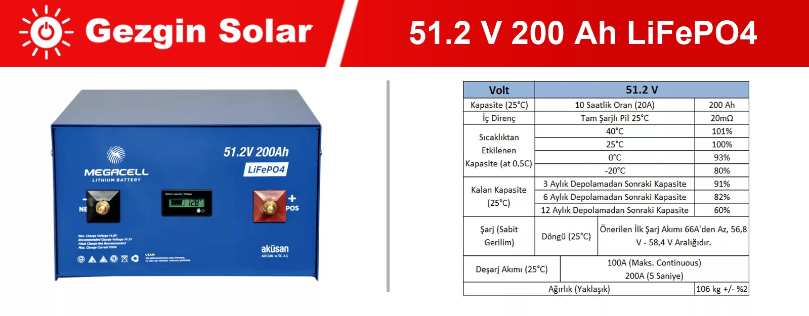 Gezgin Solar Lityum Demir Fosfat Akü 51.2 V 200 Ah LiFePO4